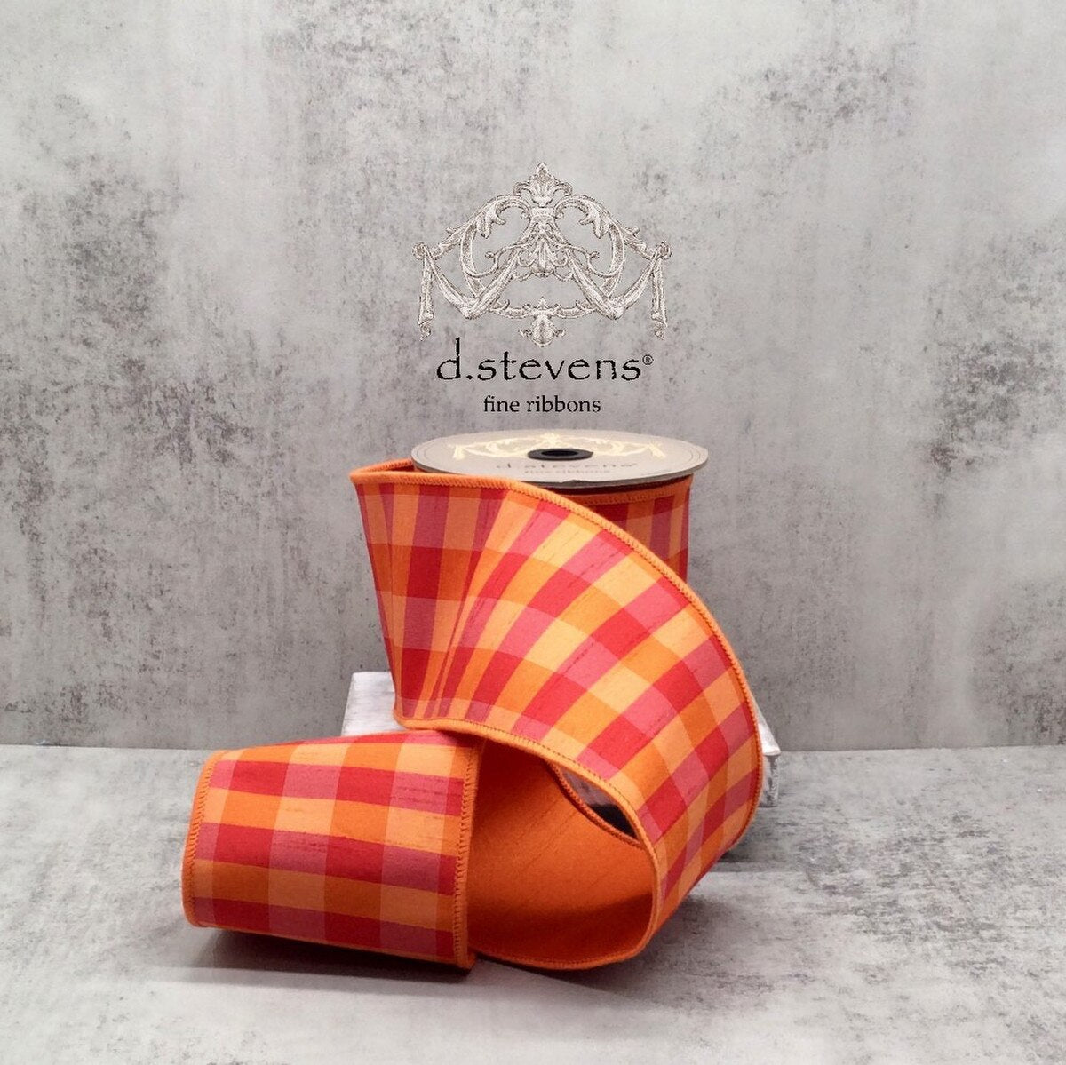Faux Dupion Check Ribbon Orange Red 4 Inch x 10 Yards