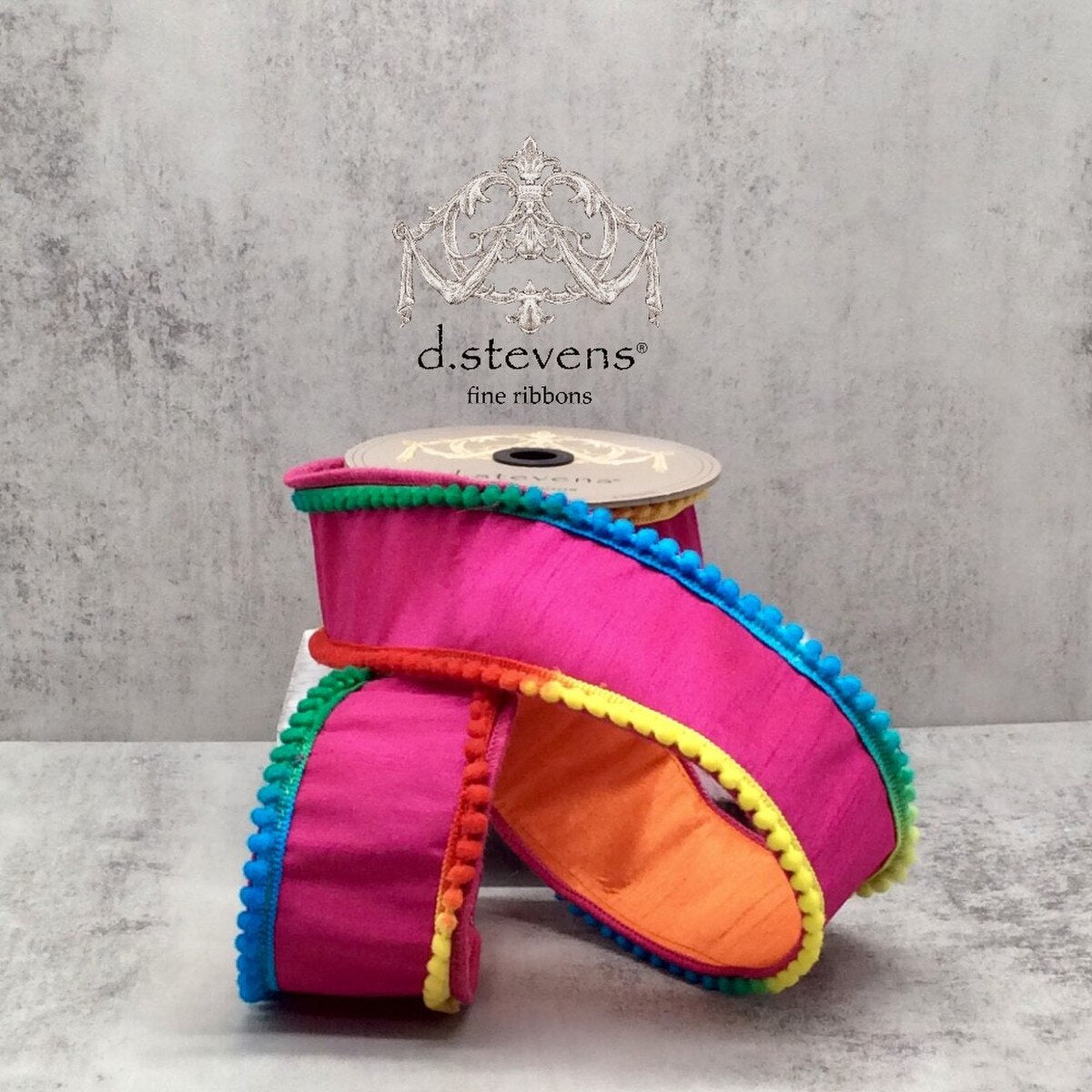 Faux Dupion Ribbon with Colorful Pom Pom Edge Fuchsia Orange 2.5" x 5 Yds