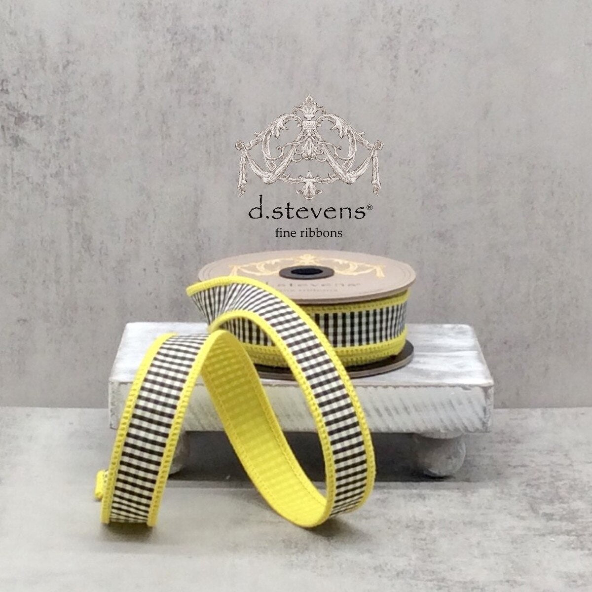 Mini Check Faux Dupion Ribbon Yellow Back Black-White 1" x 10 Yds