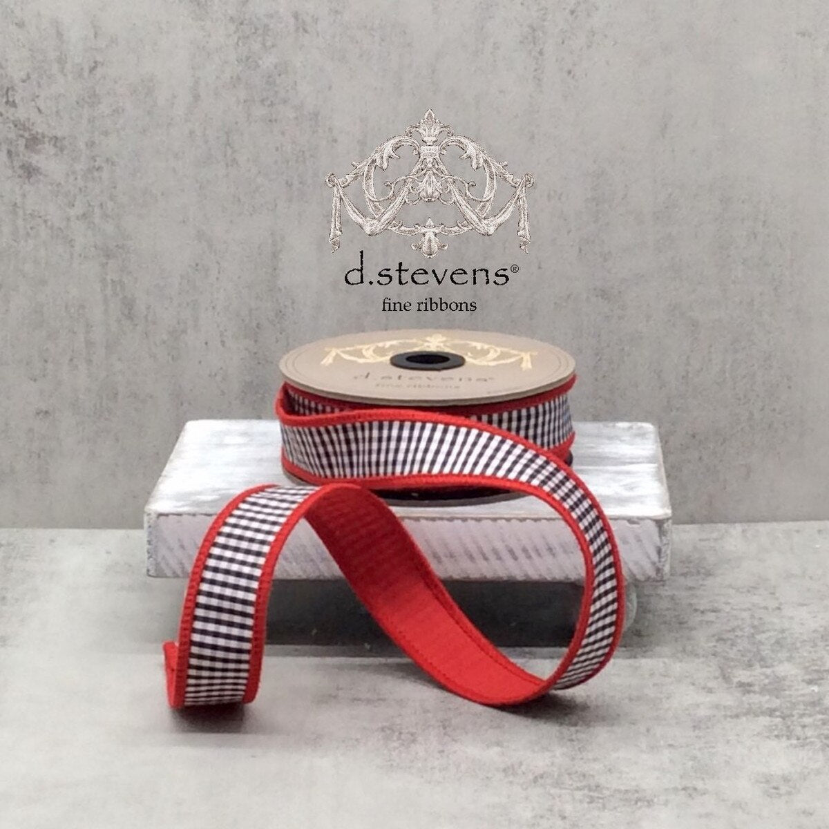 Mini Check Faux Dupion Ribbon Red Back Black-White 1" x 10 Yds