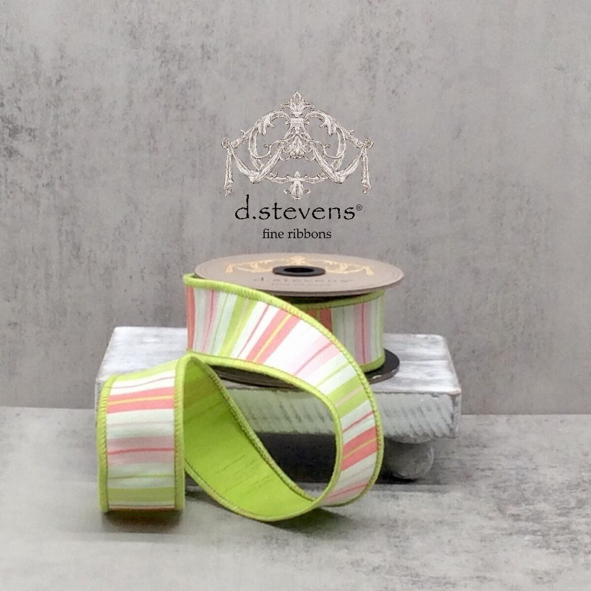 Lime Back Pink White Green Faux Dupion Stripe Ribbon 1.5" x 10 Yds