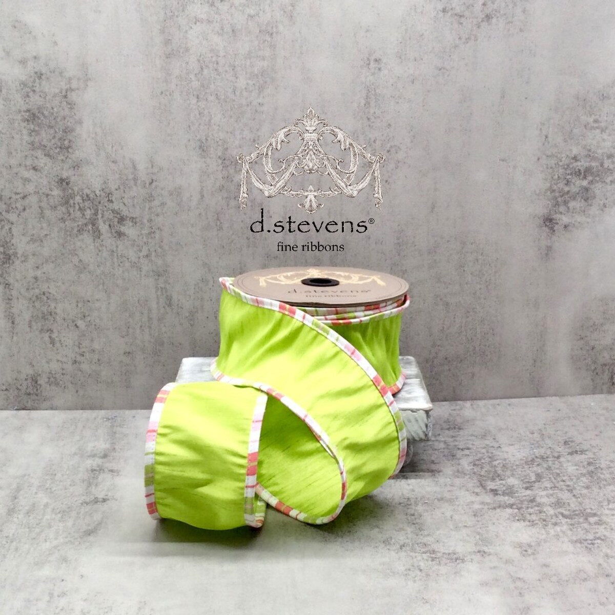 Lime Green Faux Dupion Ribbon with Pink Stripe Edge 2.5" x 10 Yds