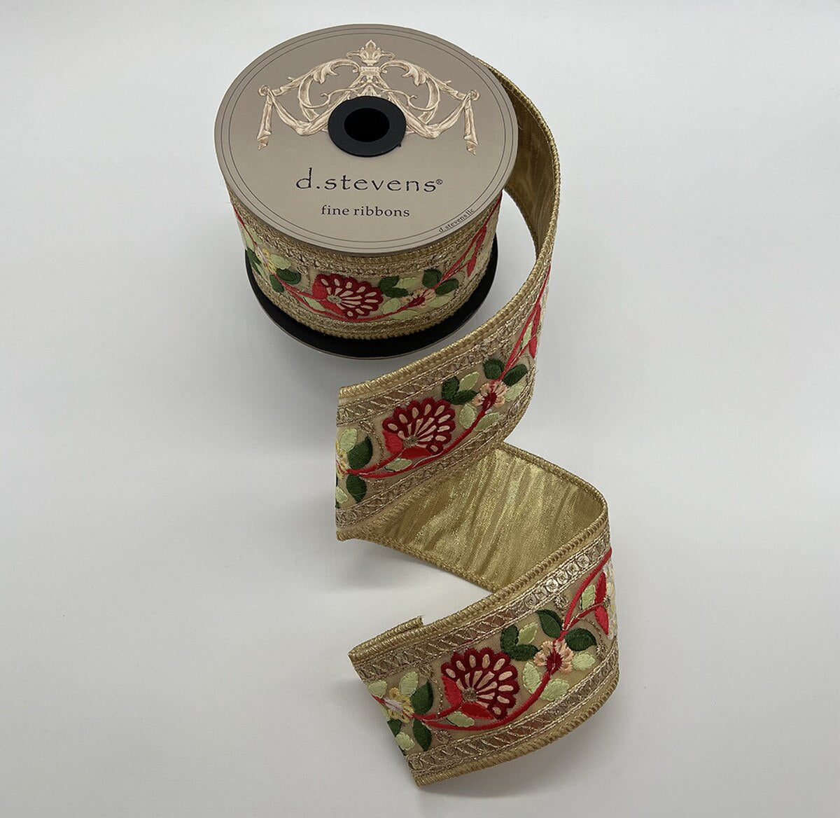 Burgundy Ribbon with Gold Metallic Floral Embroidery 2" x 5 Yds