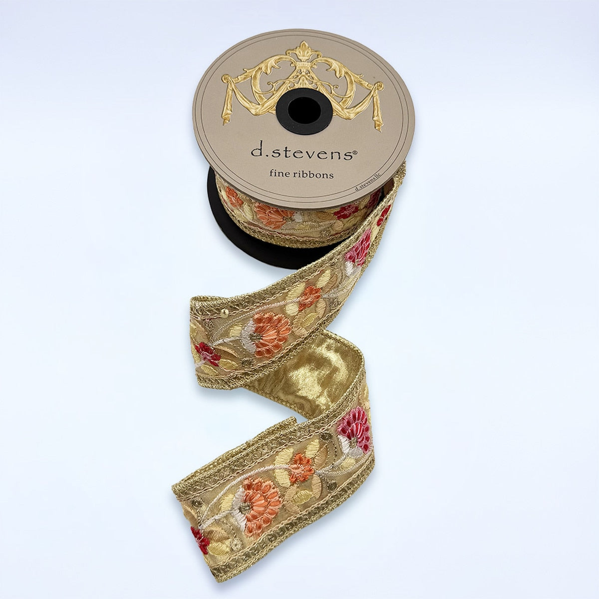 Gold Metallic Floral Embroidery Orange Ribbon 2 In x 5 Yds