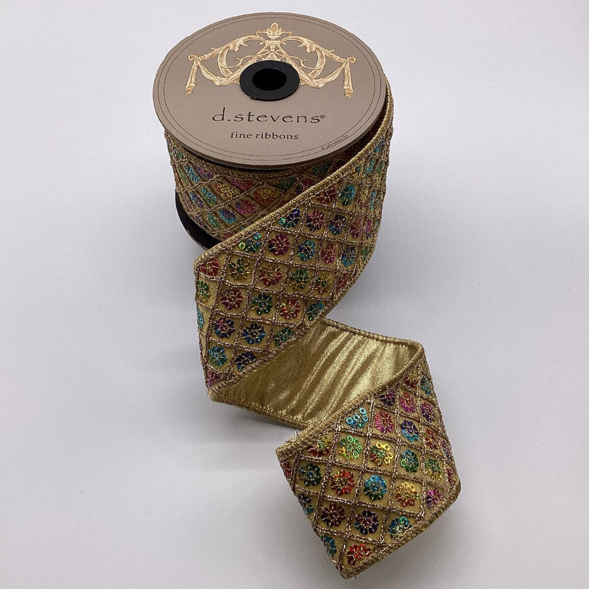 Multi Color Sequin Metallic Gold Ribbon 2.5 Inch x 5 Yds