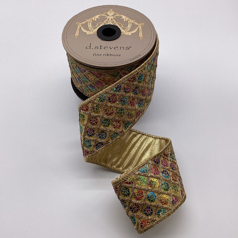 Multi Color Sequin Metallic Gold Ribbon 2.5 Inch X 5 Yds