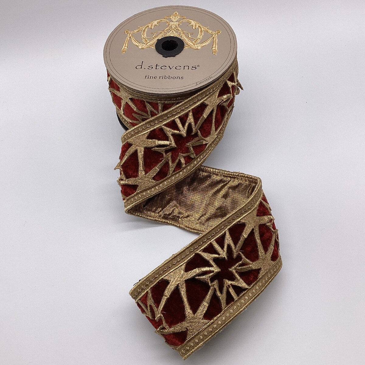 Burgundy Velvet Starburst Gold Laser Cut Ribbon 3" x 5 Yds