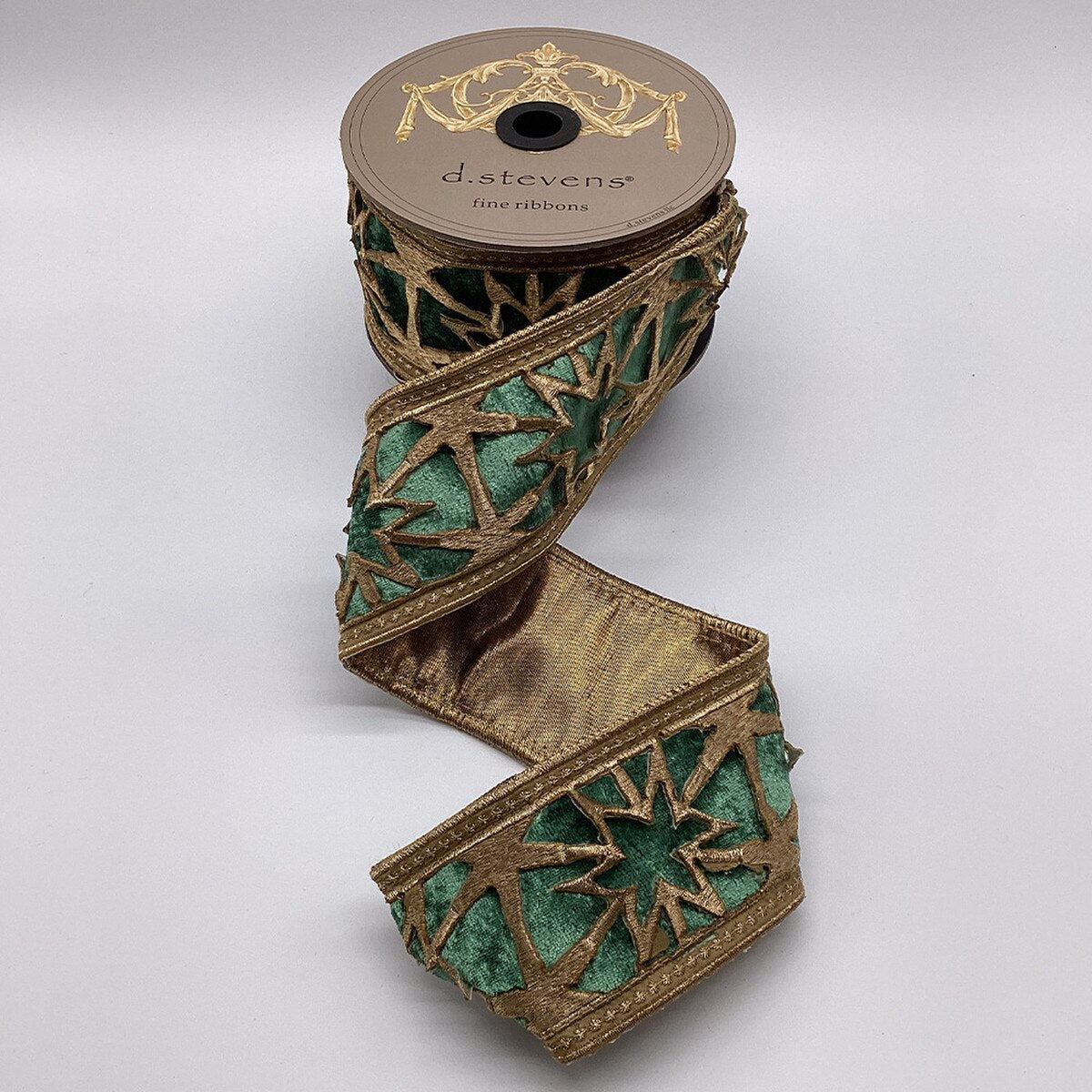 Green Velvet Starburst Gold Laser Cut Ribbon 3" x 5 Yds