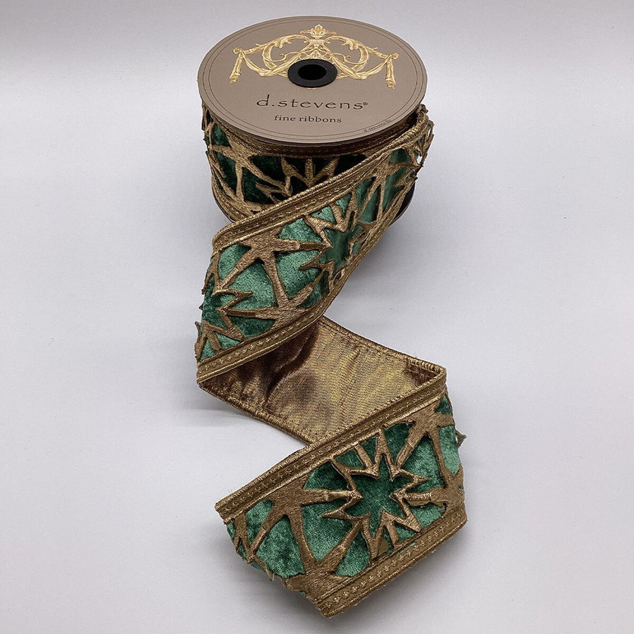 Green Velvet Starburst Gold Laser Cut Ribbon 3" x 5 Yds