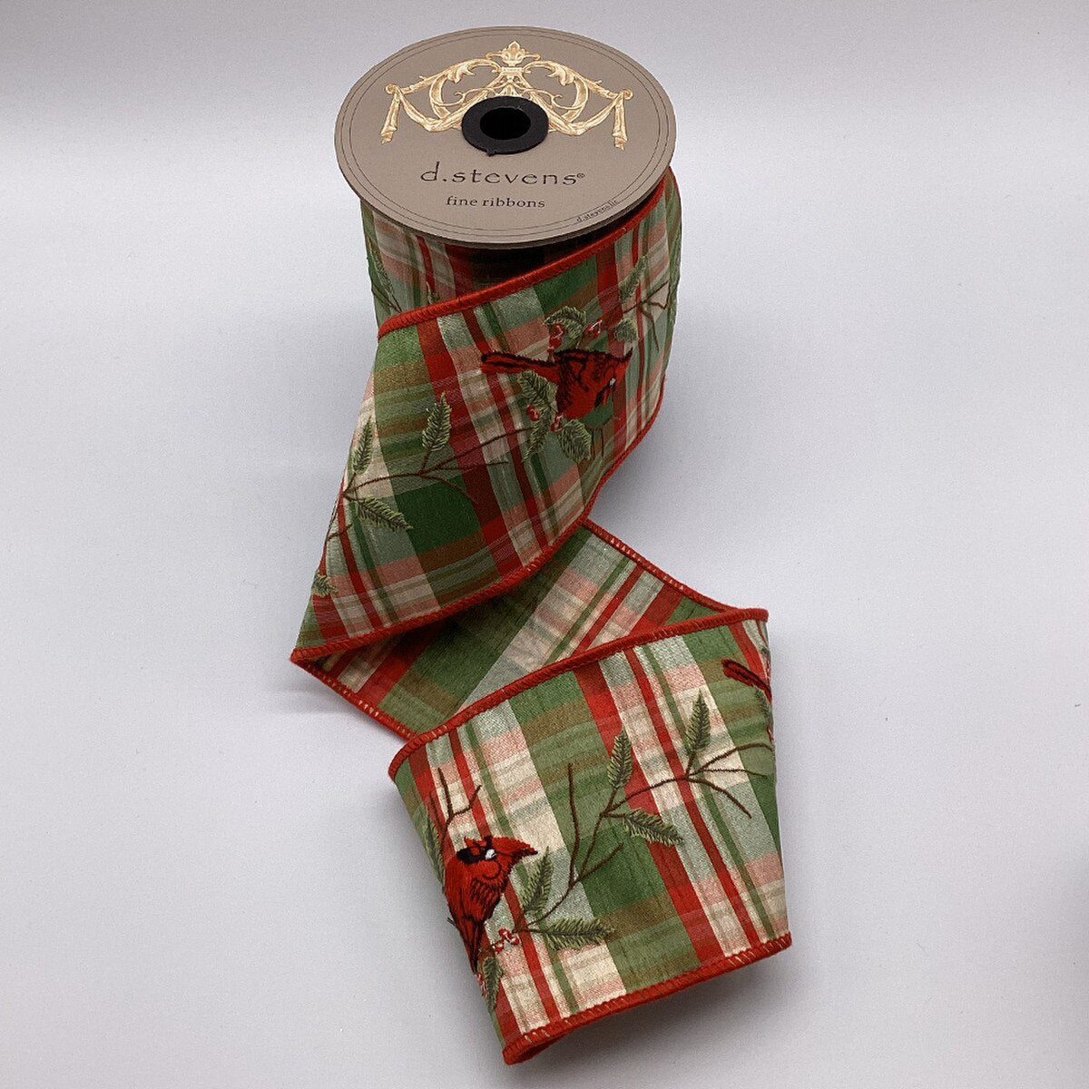 Cardinal On Branch Dupion Plaid Embroidery Red Ribbon 4" x 5 Yds