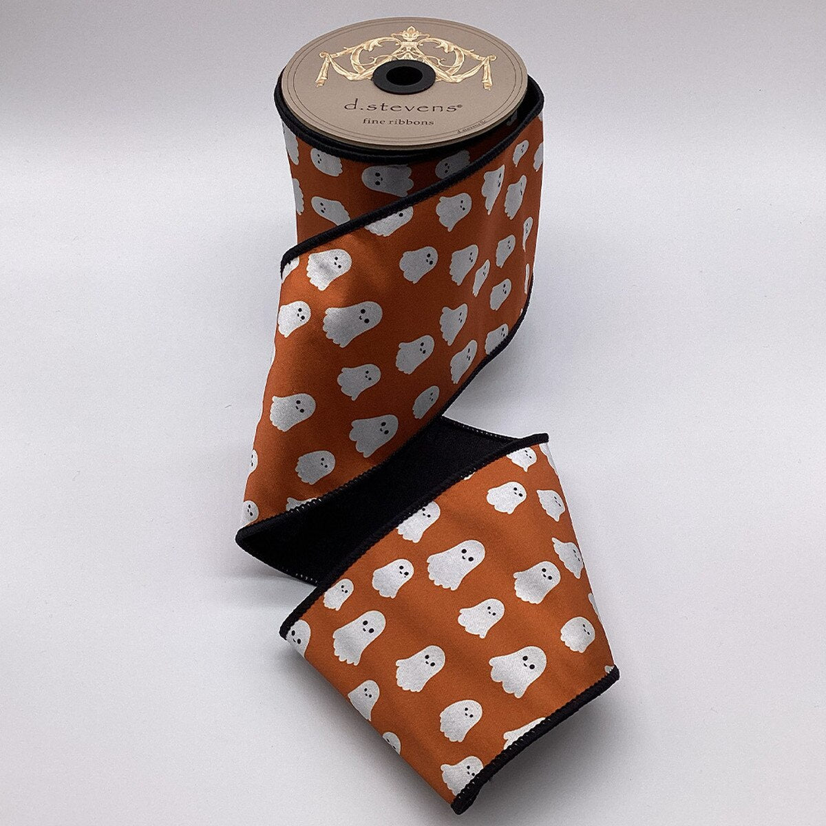 Pumpkin Ribbon Dupion Ghost Black Back 4 Inch x 10 Yds