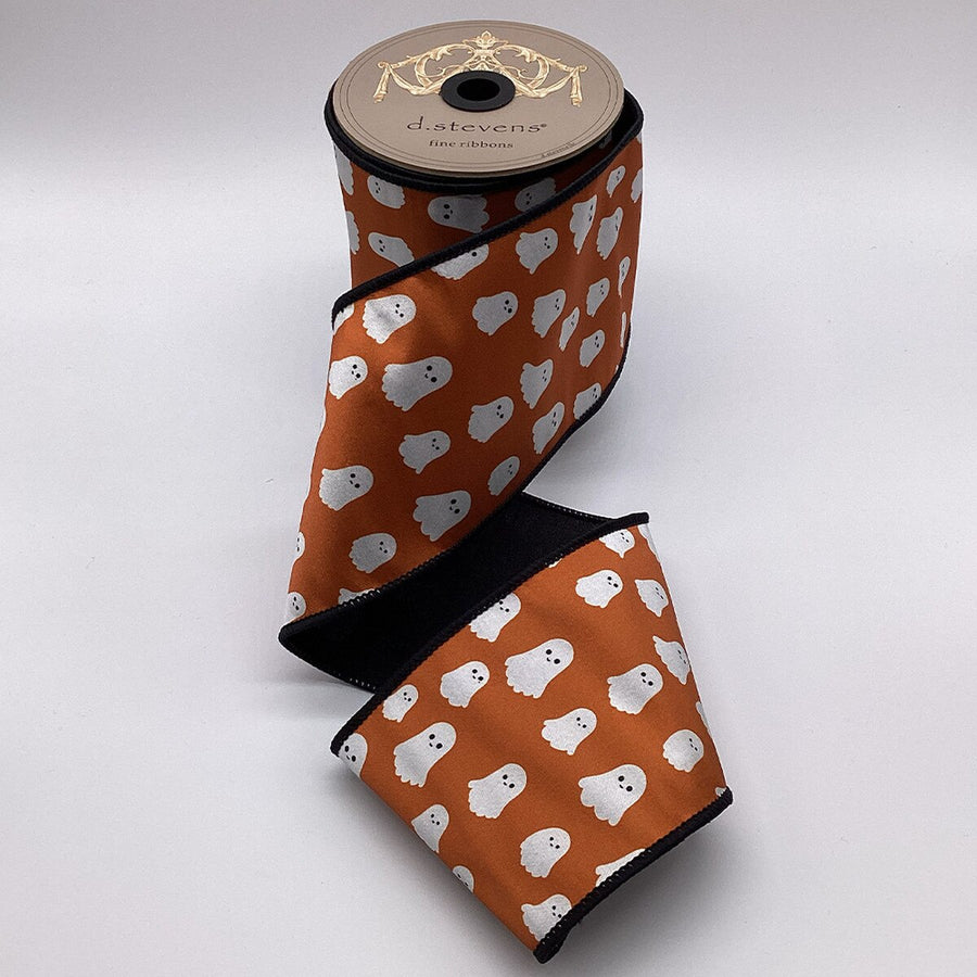 Pumpkin Ribbon Dupion Ghost Black Back 4 Inch x 10 Yds