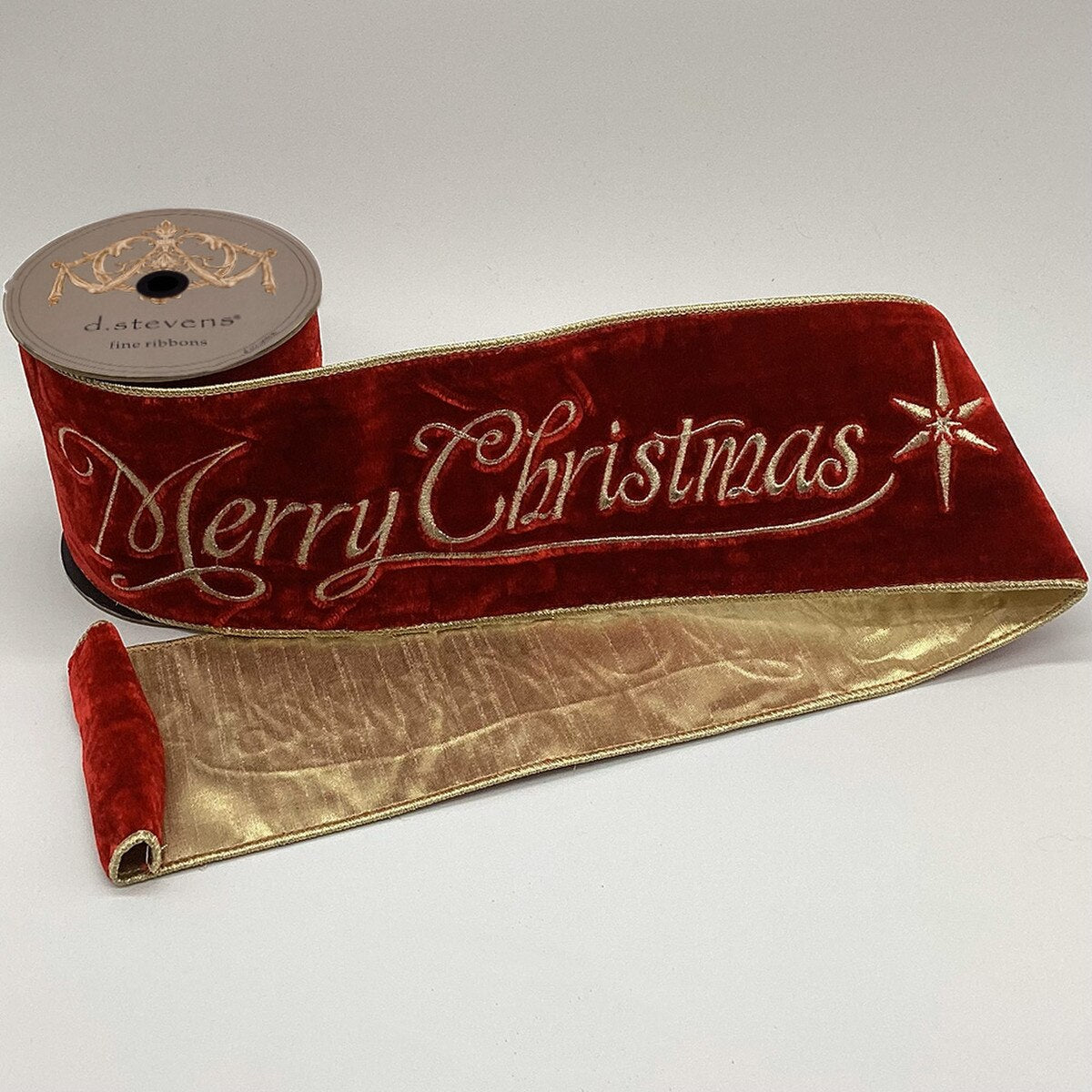 Merry Christmas Velvet Embroidery Red Ribbon 4" x 5 Yds