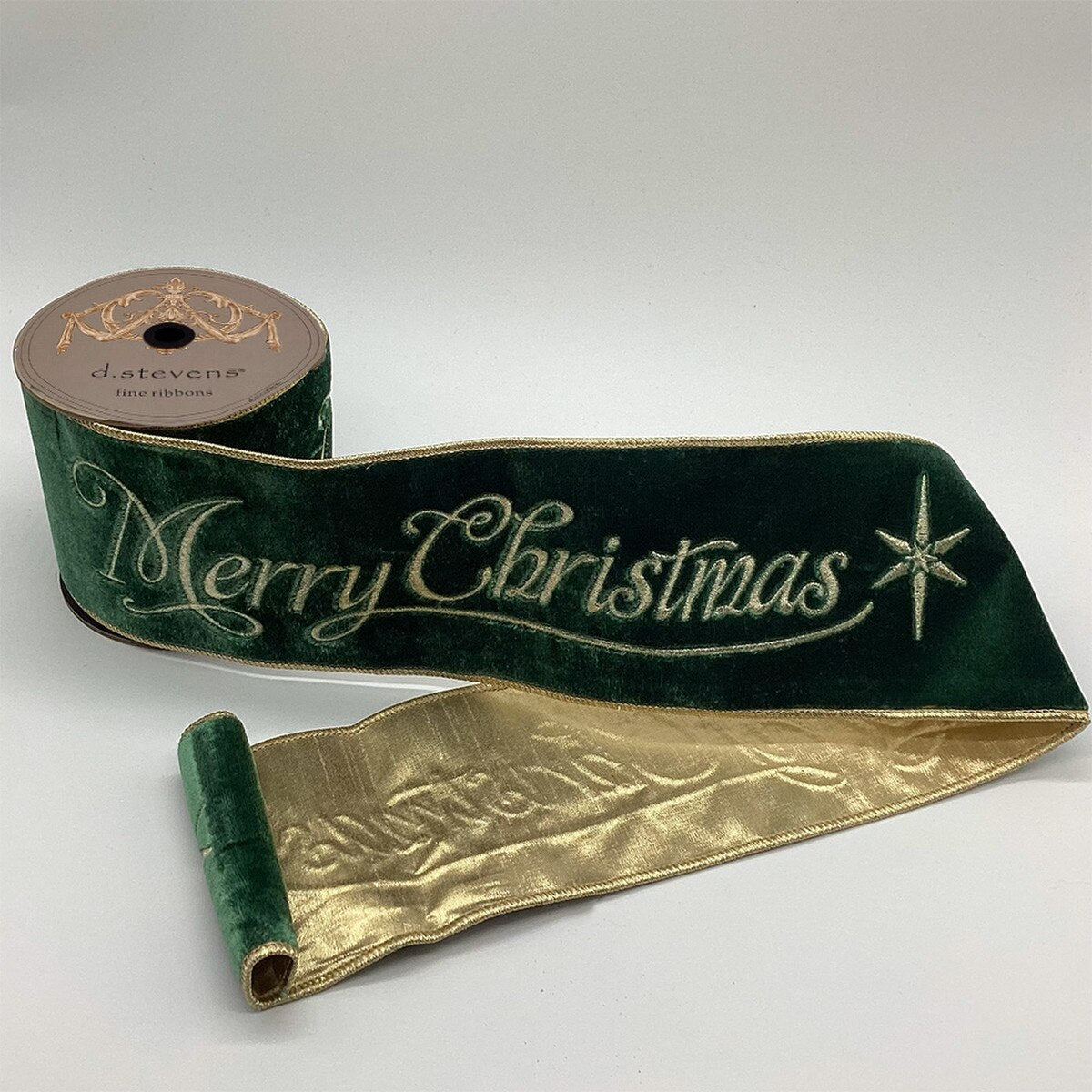 Merry Christmas Velvet Embroidery Ribbon Green 4" x 5 Yds