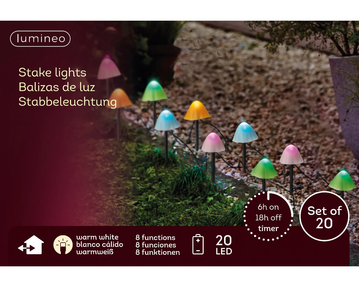 8" 20 LED Multi Mushroom Stakes With Black Wire