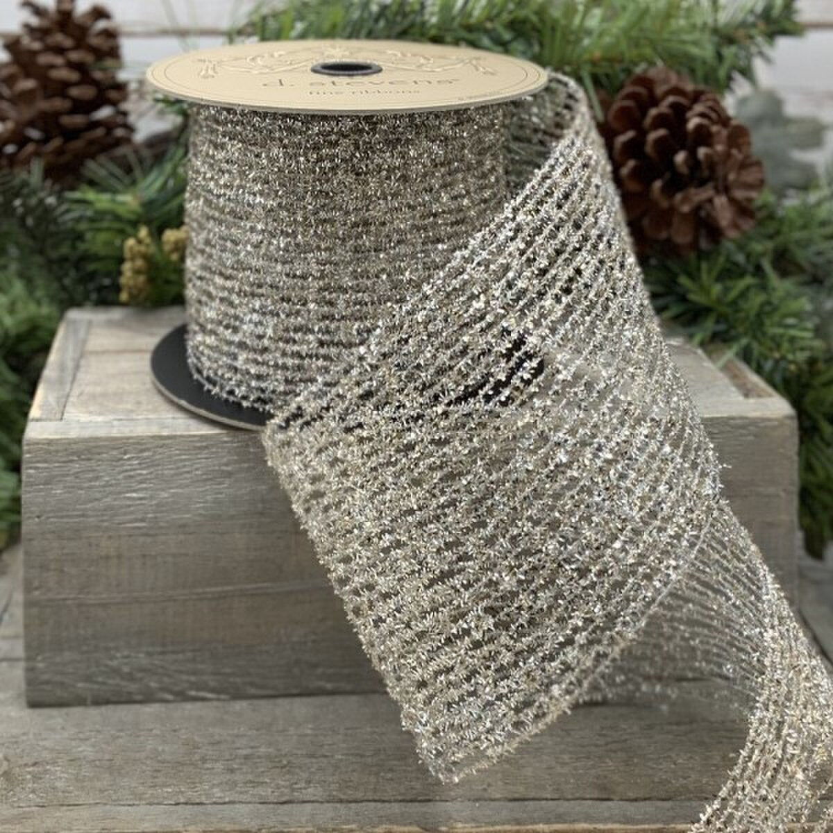 Platinum Metallic Diamond Stretch Tinsel Ribbon 4 Inch x 10 Yds