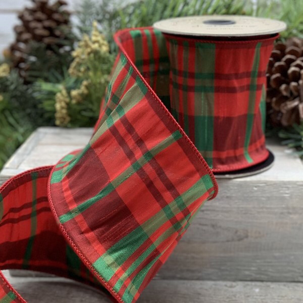 Plaid Green-Red Faux Holiday Dupion Ribbon 4" x 10 Yds