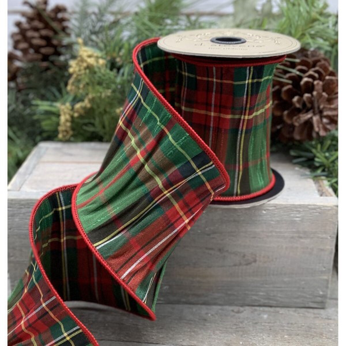 Tartan Red and Kelly Green Faux Dupion Ribbon 1.5 Inch x 10 Yds