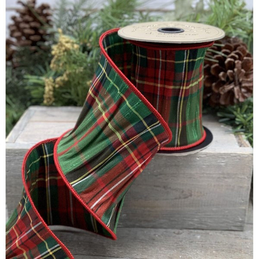 Tartan Red and Kelly Green Faux Dupion Ribbon 1.5 Inch x 10 Yds