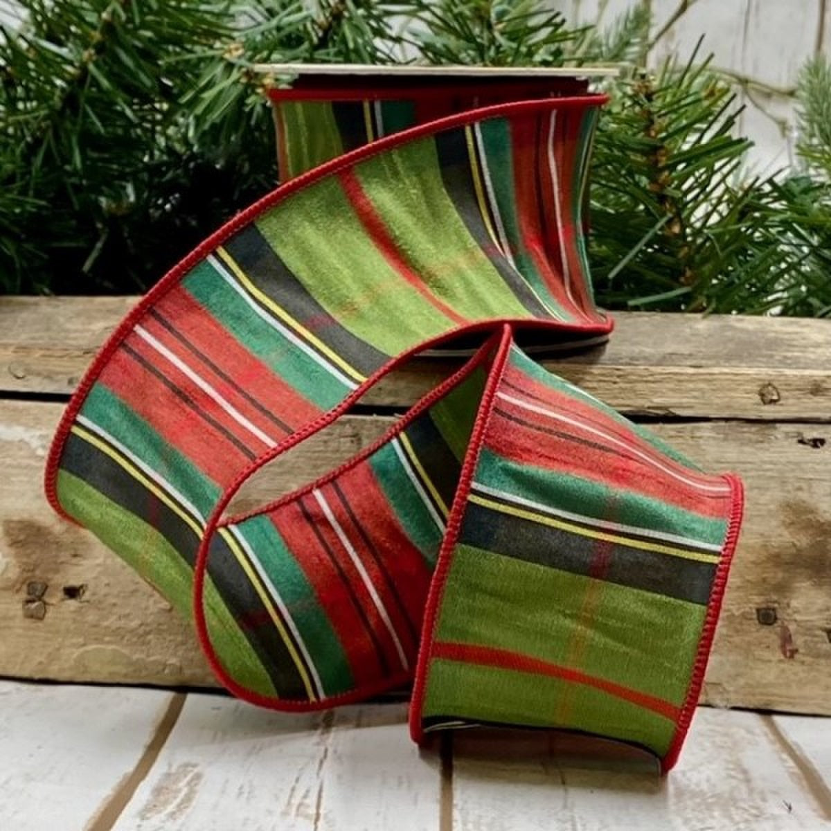 Tartan Moss Green Red Faux Dupion Ribbon 2.5 Inch x 10 Yds
