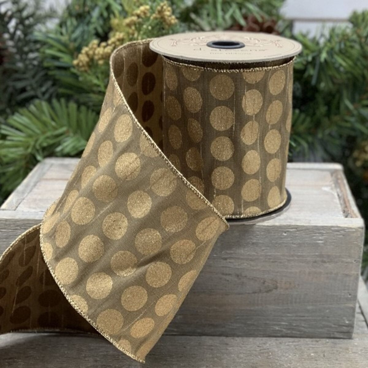Antique Gold Ribbon Faux Dupion Gold Dots 4 Inch x 10 Yds