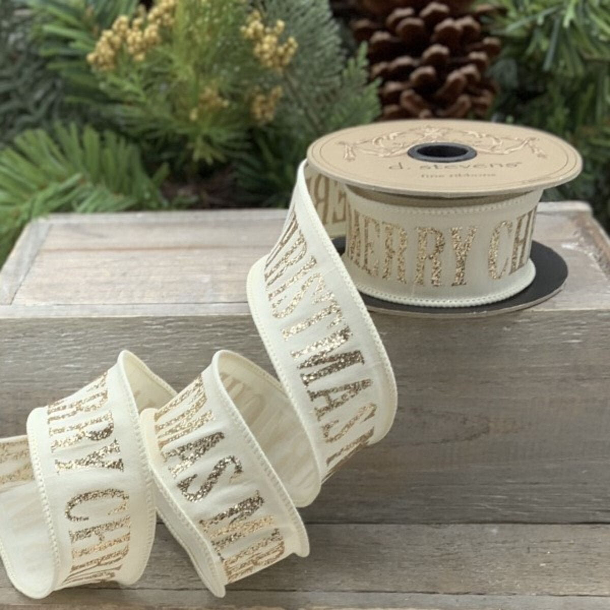Merry Christmas Cream Faux Dupion Glitter Ribbon 1.5" x 10 Yds