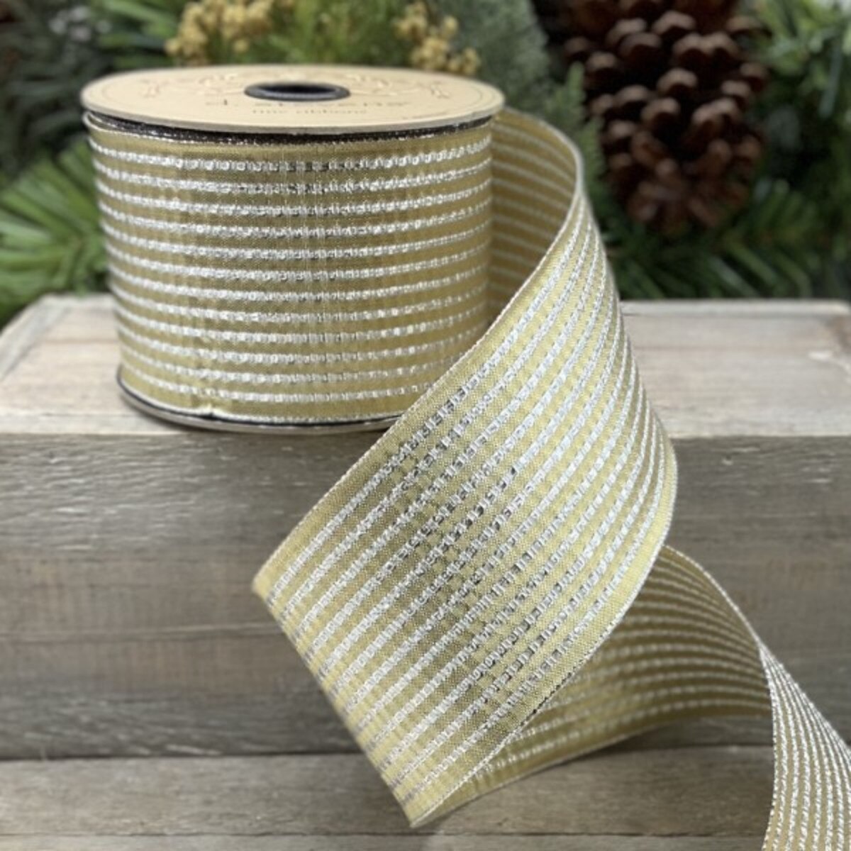 Metallic Silver Stripe Gold Ribbon 2.5 Inch x 20 Yds