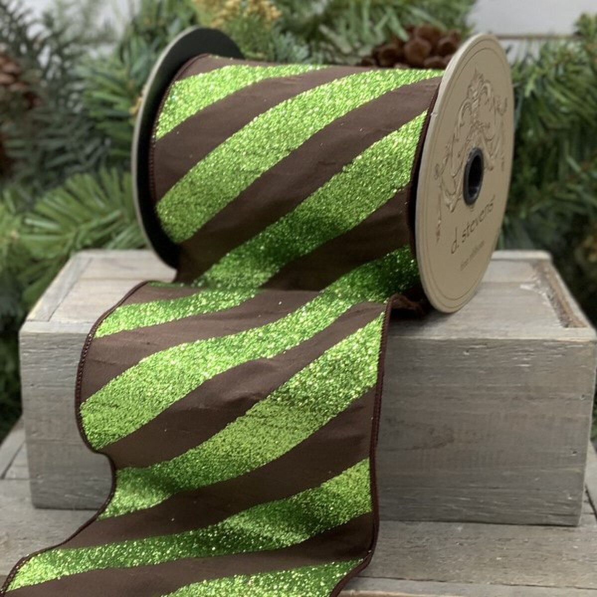 Bright Green Brown Faux Dupion Glitter Ribbon 5" x 10 Yds