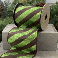 Bright Green Brown Faux Dupion Glitter Ribbon 5