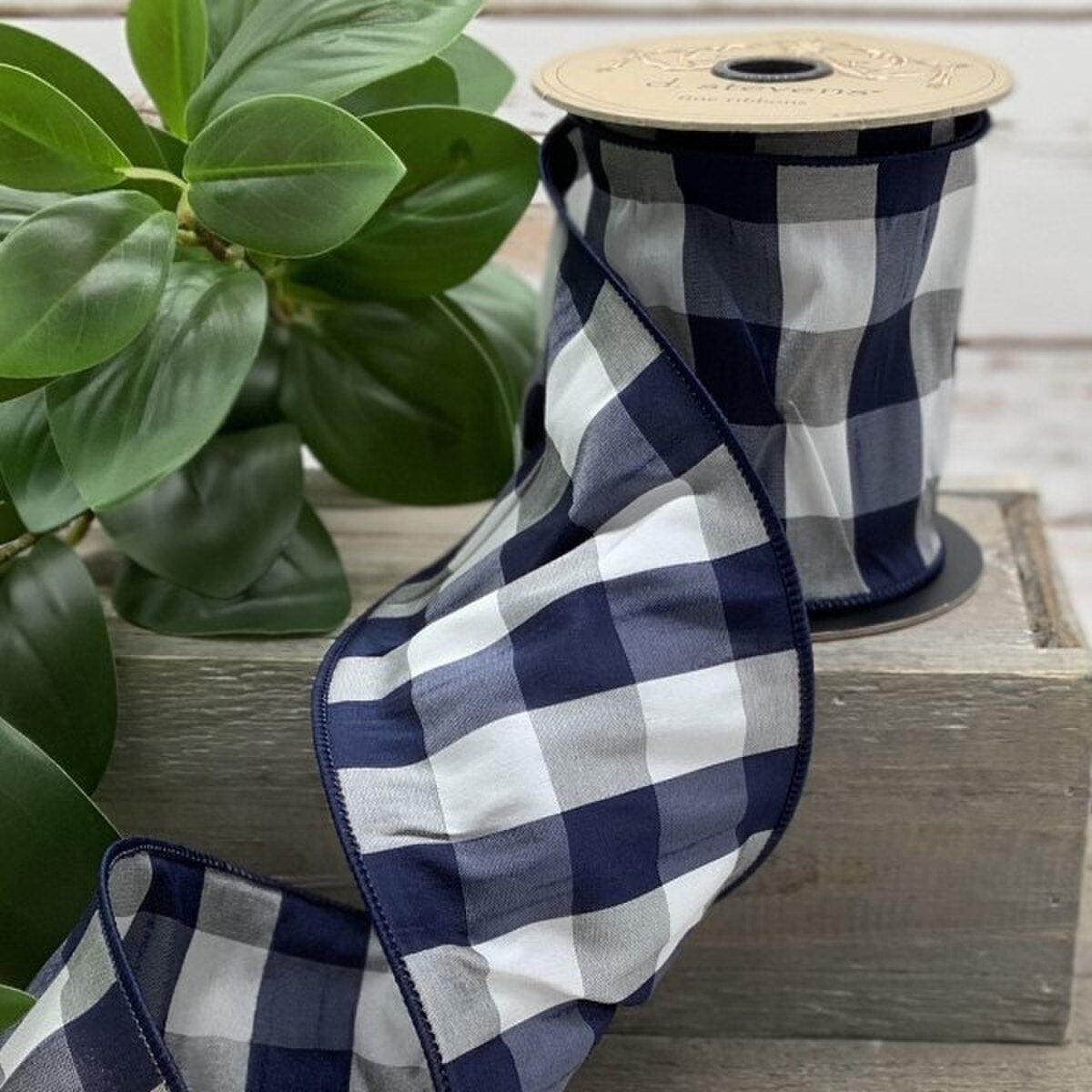 White-Navy Faux Dupion Checks Ribbon 4" x 10 Yds