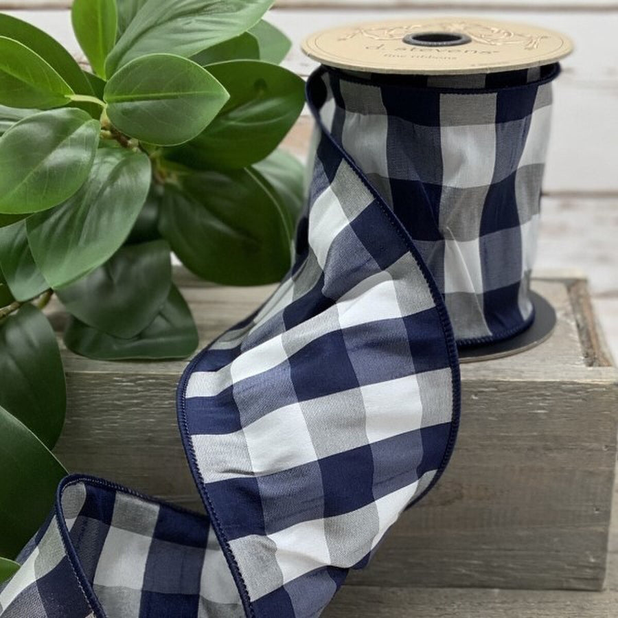 White-Navy Faux Dupion Checks Ribbon 4" x 10 Yds