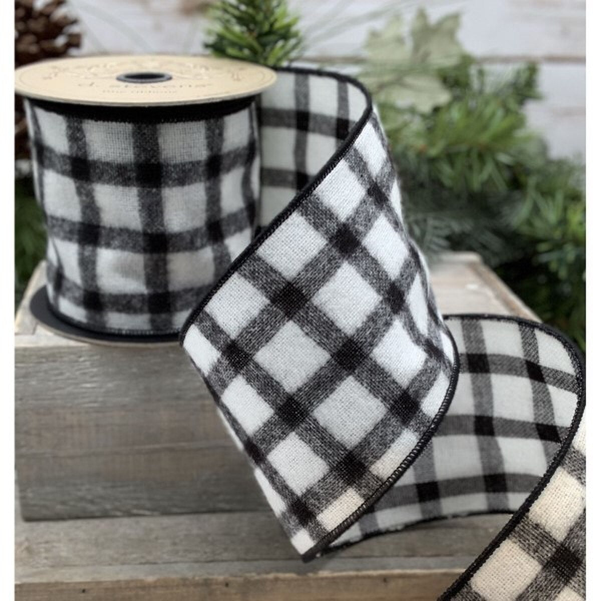 Faux Wool Check Ribbon Black White 4 Inch x 10 Yards