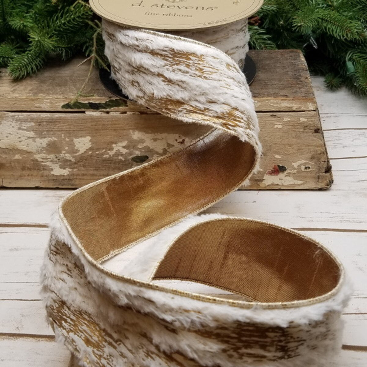 Faux Fur Ribbon Gold Ivory 2.5 Inch x 10 Yards
