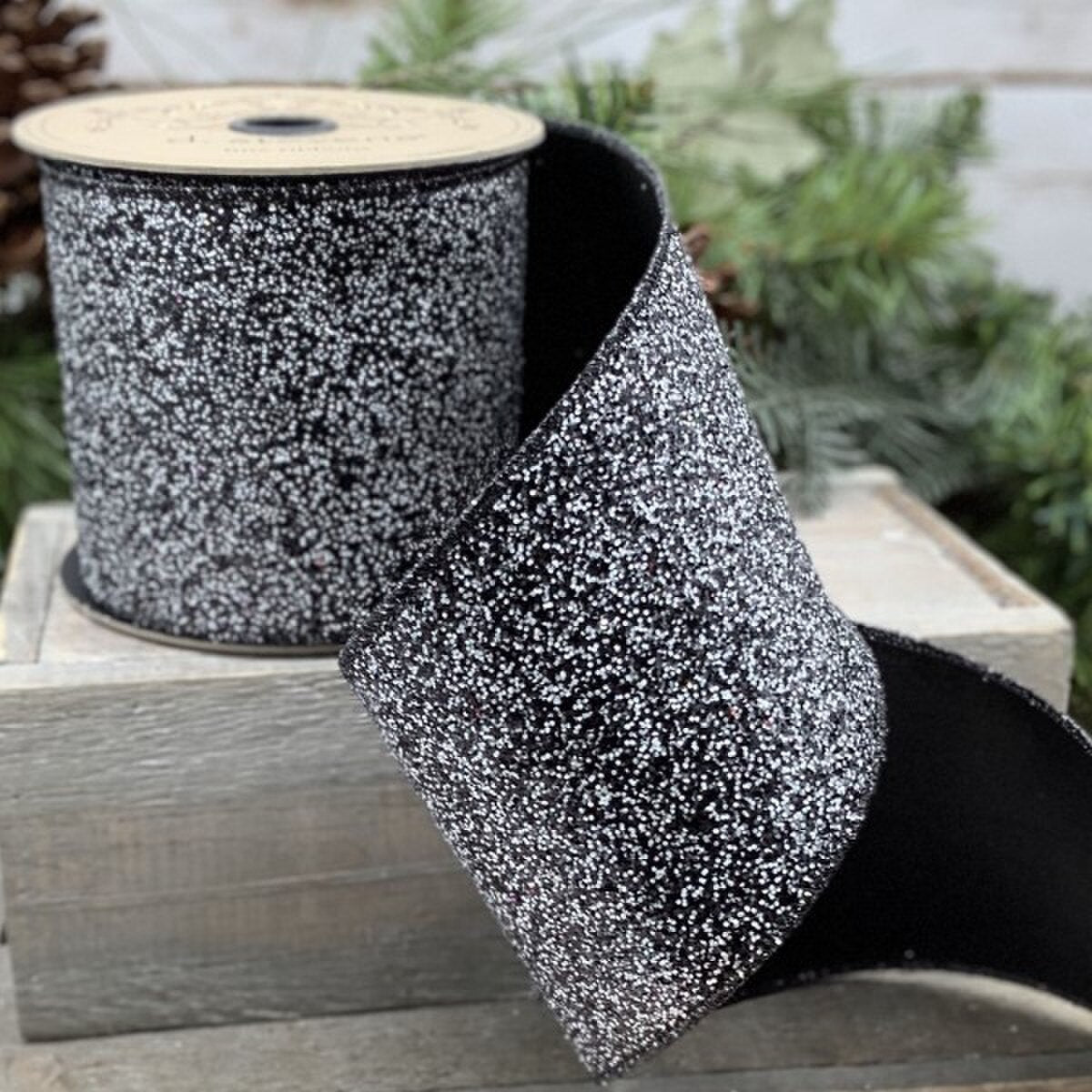 Black-White Metallic Glitter Ribbon 4" x 10 Yds