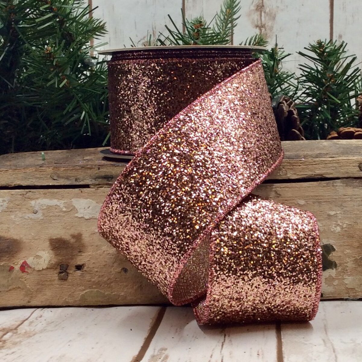 Brown-Rose Metallic Glitter Faux Dupion Ribbon 2.5" x 10 Yds