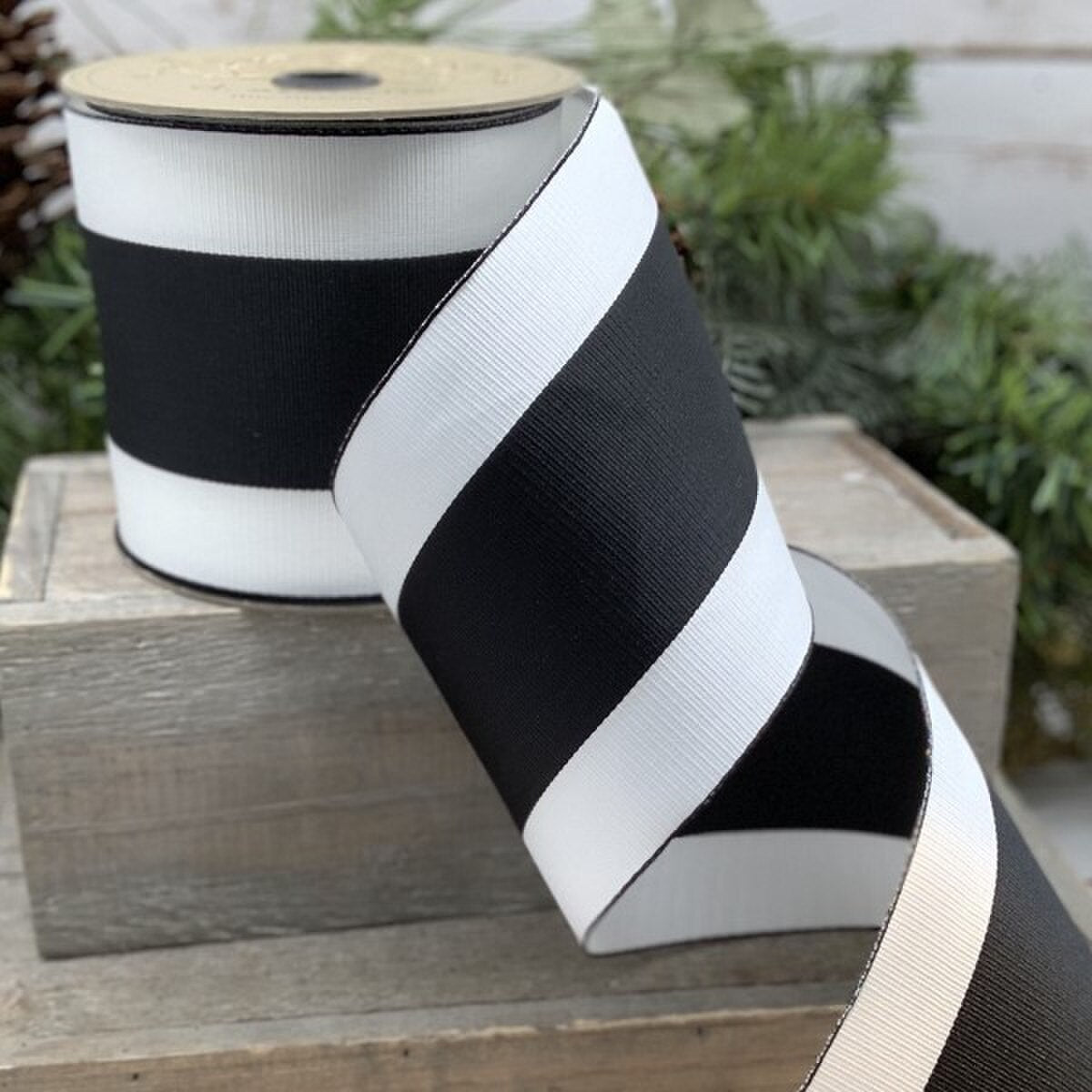 Grosgrain Ribbon Black-White Wide Center Stripe 4" x 25 Yds