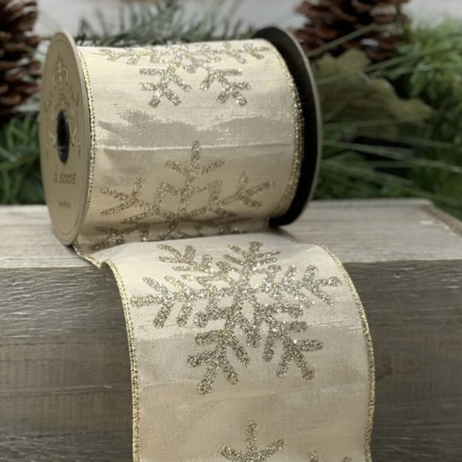Platinum Glitter Snowflake Metallic Faux Dupion Ribbon 4" x 10 Yds