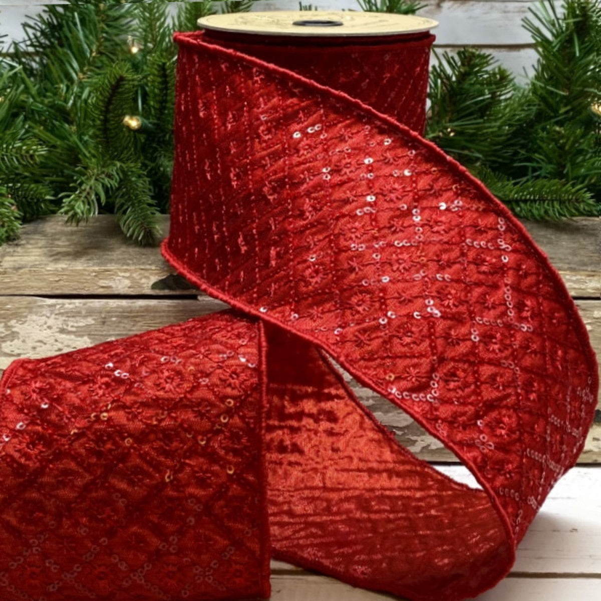 Red Sequin Embroidery Starburst Ribbon 4" x 10 Yds