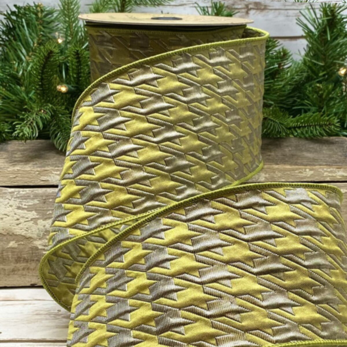 Houndstooth Jacquard Ribbon Chartreuse 4 Inch x 10 Yards