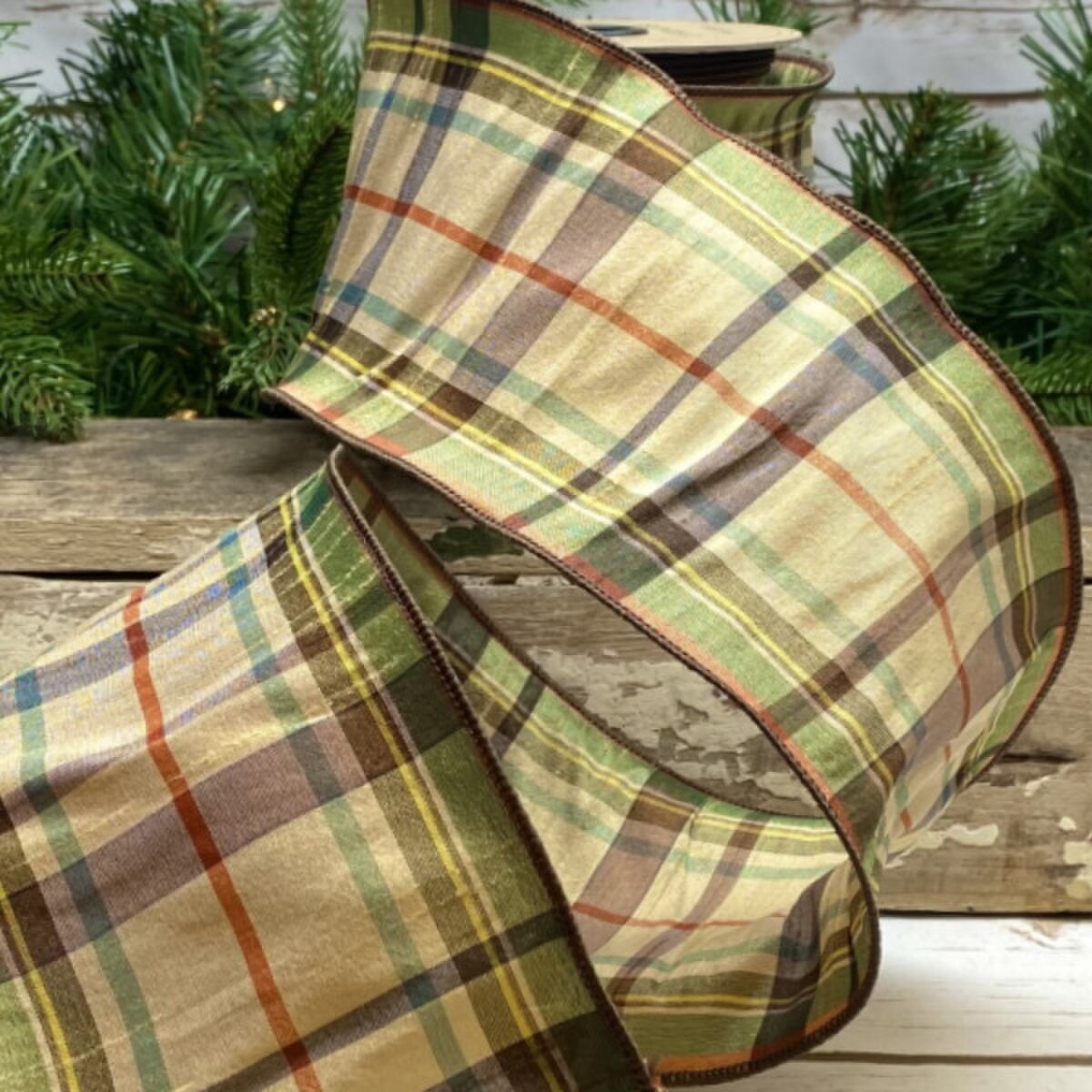 Fall Plaid Cream Green Dupion Ribbon 4 Inch x 10 Yards