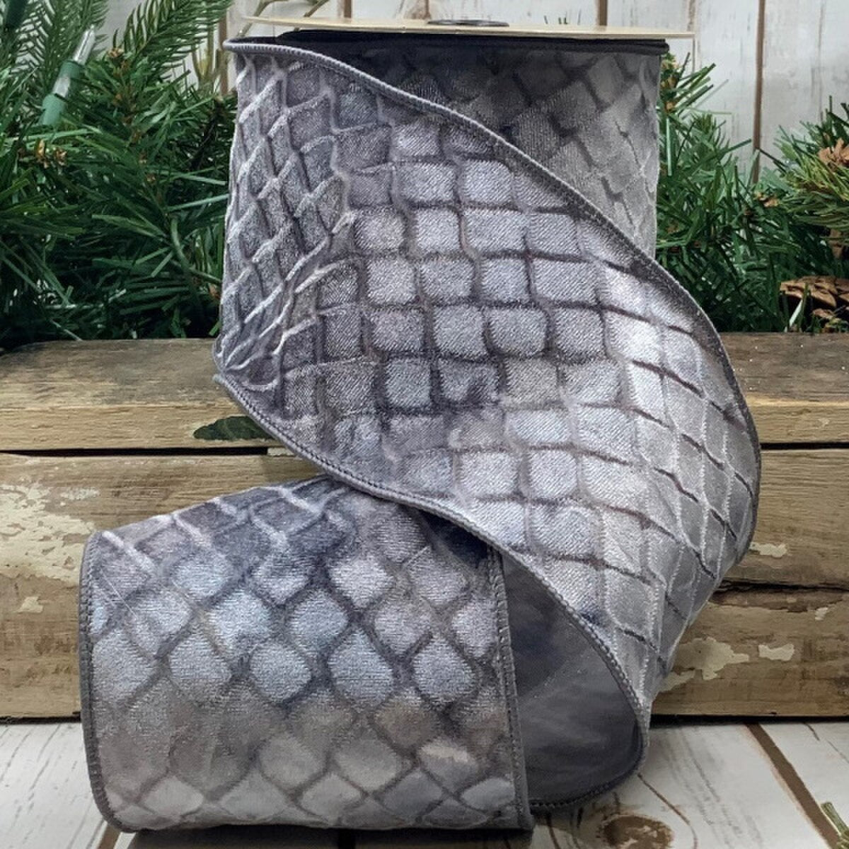Grey Velvet Lattice Ribbon 4 Inch x 10 Yards