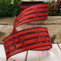 Red Glitter Joy Ribbon Linen Black Stripe 2.5