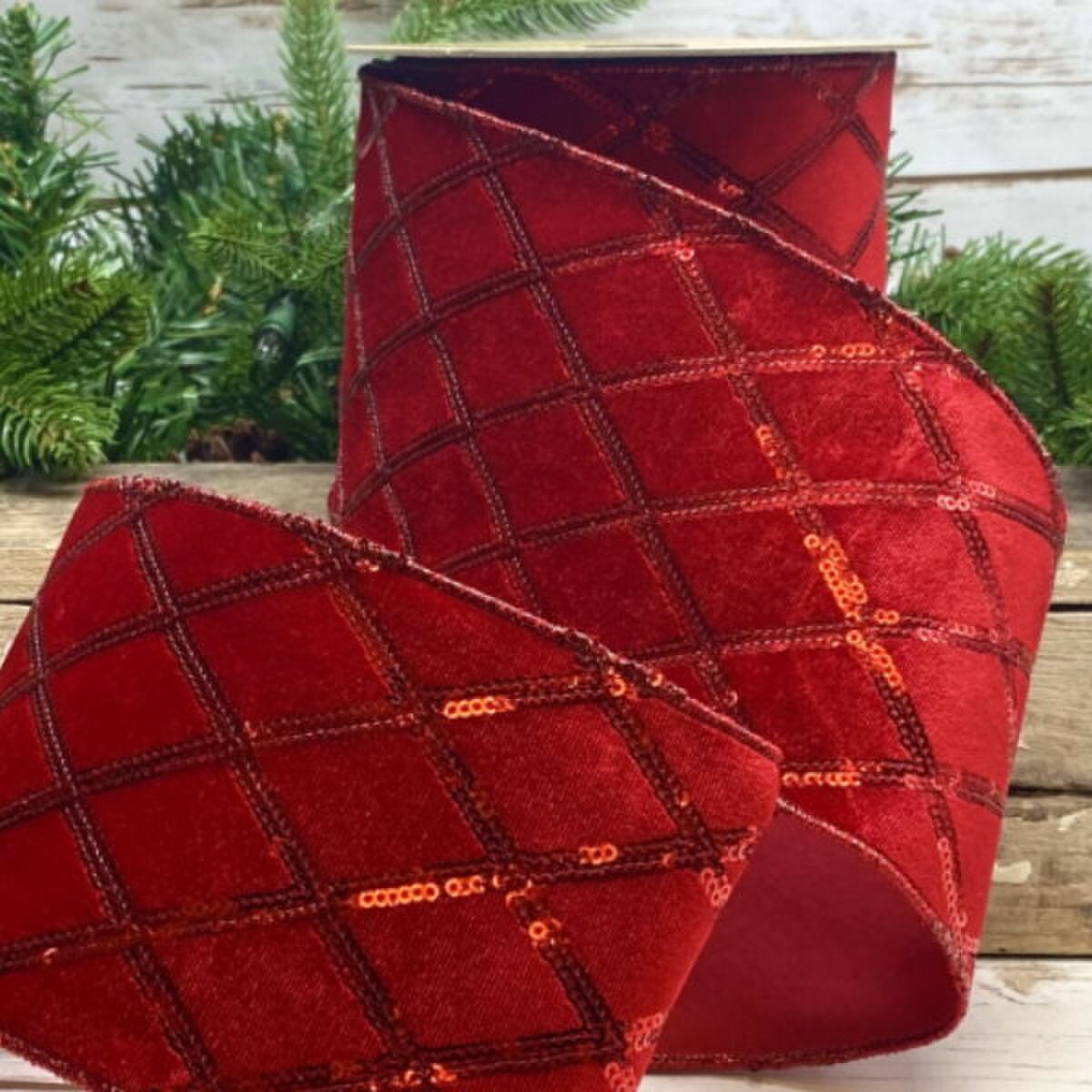 Red Sequin Velvet Ribbon 4 Inch x 10 Yards