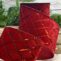 Red Sequin Velvet Ribbon 4 Inch x 10 Yards