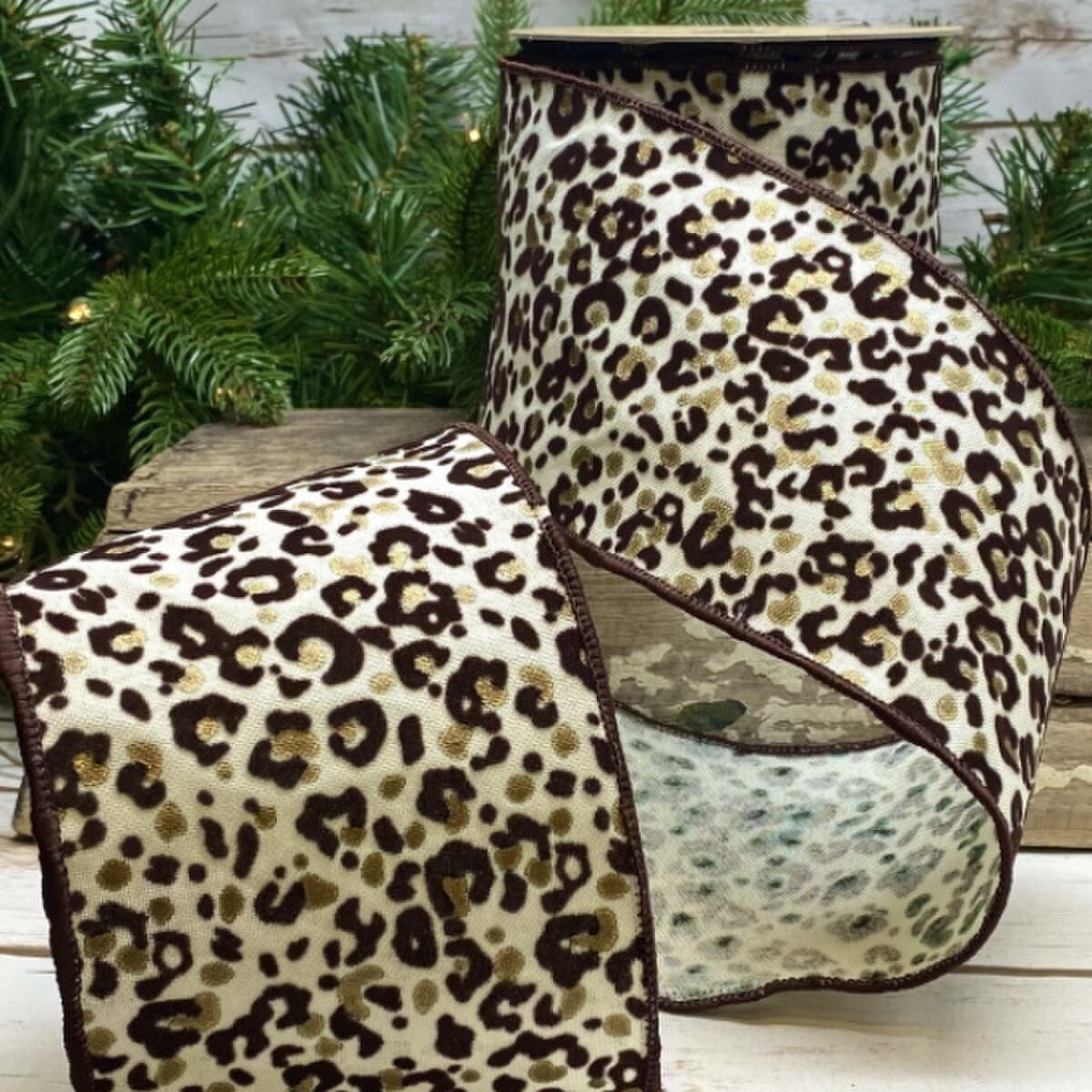 Leopard Print Cream Linen Ribbon 4 Inch x 10 Yards