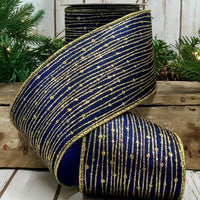 Navy Metallic Dupion Gold Spun Ribbon 4 Inch x 10 Yards