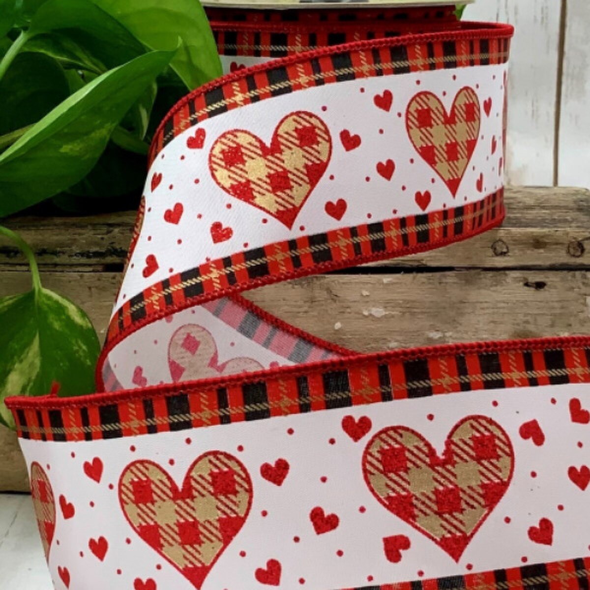 Red Satin Heart Check Border Ribbon 2.5" x 10yd