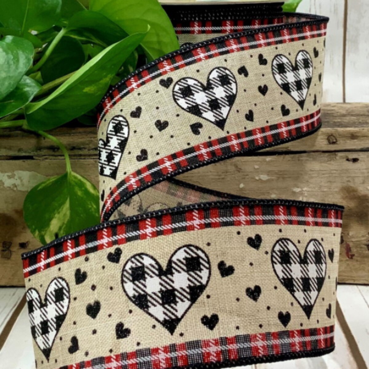 Linen Ribbon with Heart Check Border 2.5" x 10yd
