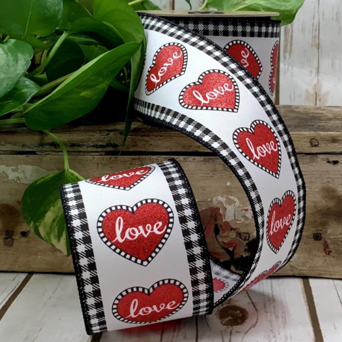 Red Glitter Love Heart Satin Ribbon 2.5" x 10 Yds