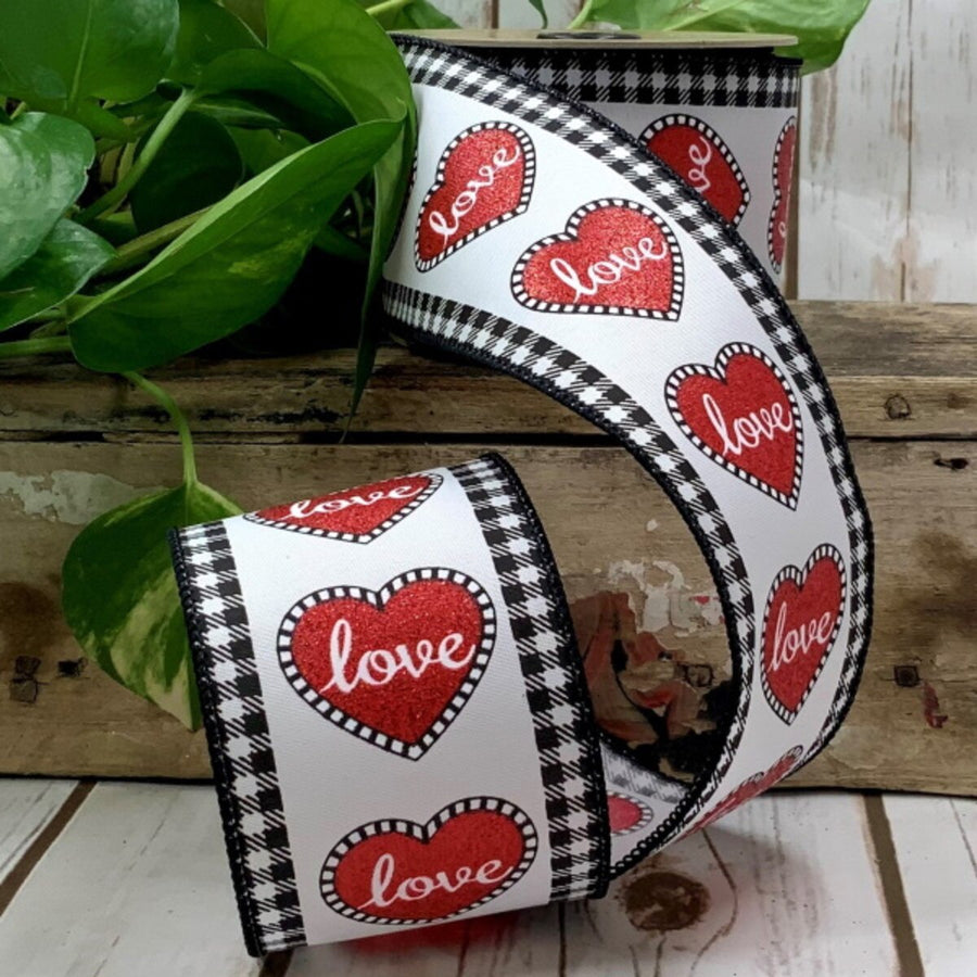 Red Glitter Love Heart Satin Ribbon 2.5" x 10 Yds